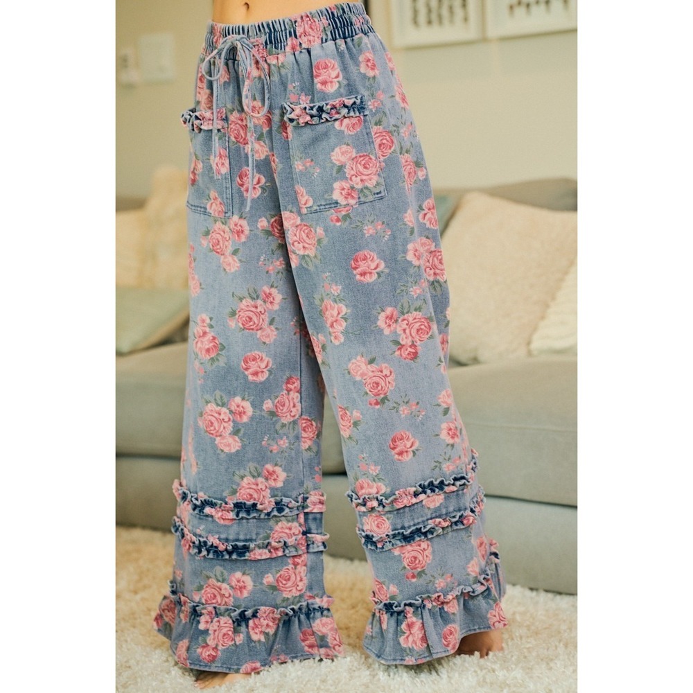 BiBi Washed Floral Denim With Ruffle Elastic Wide Pants - Small - Picture 8 of 16